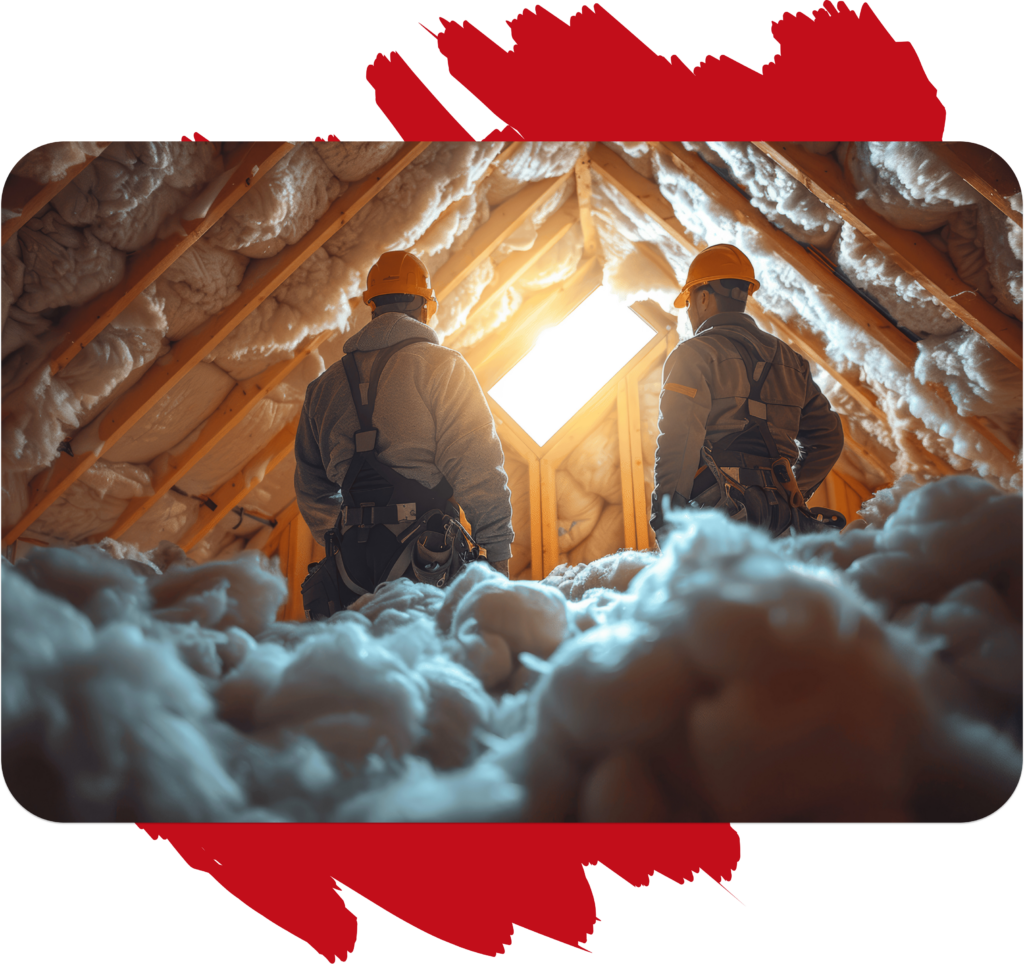 Zdjęcie przedstawiające 2 osoby, budowlańcó na poddaszu a dookoła jest pianka ocieplająca - Firma Budowlana Ślesin